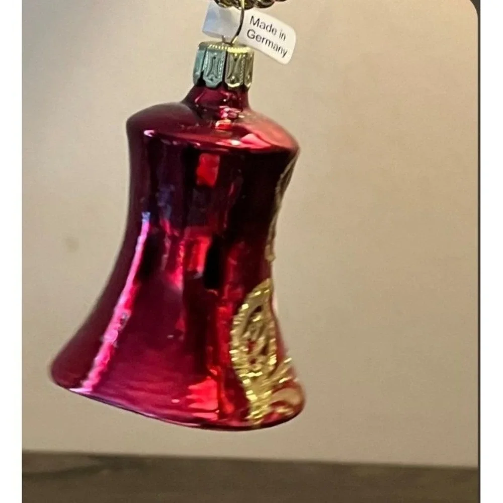 German Blown Glass Bell Christmas Ornament Red Gold Floral Glitter 2.5